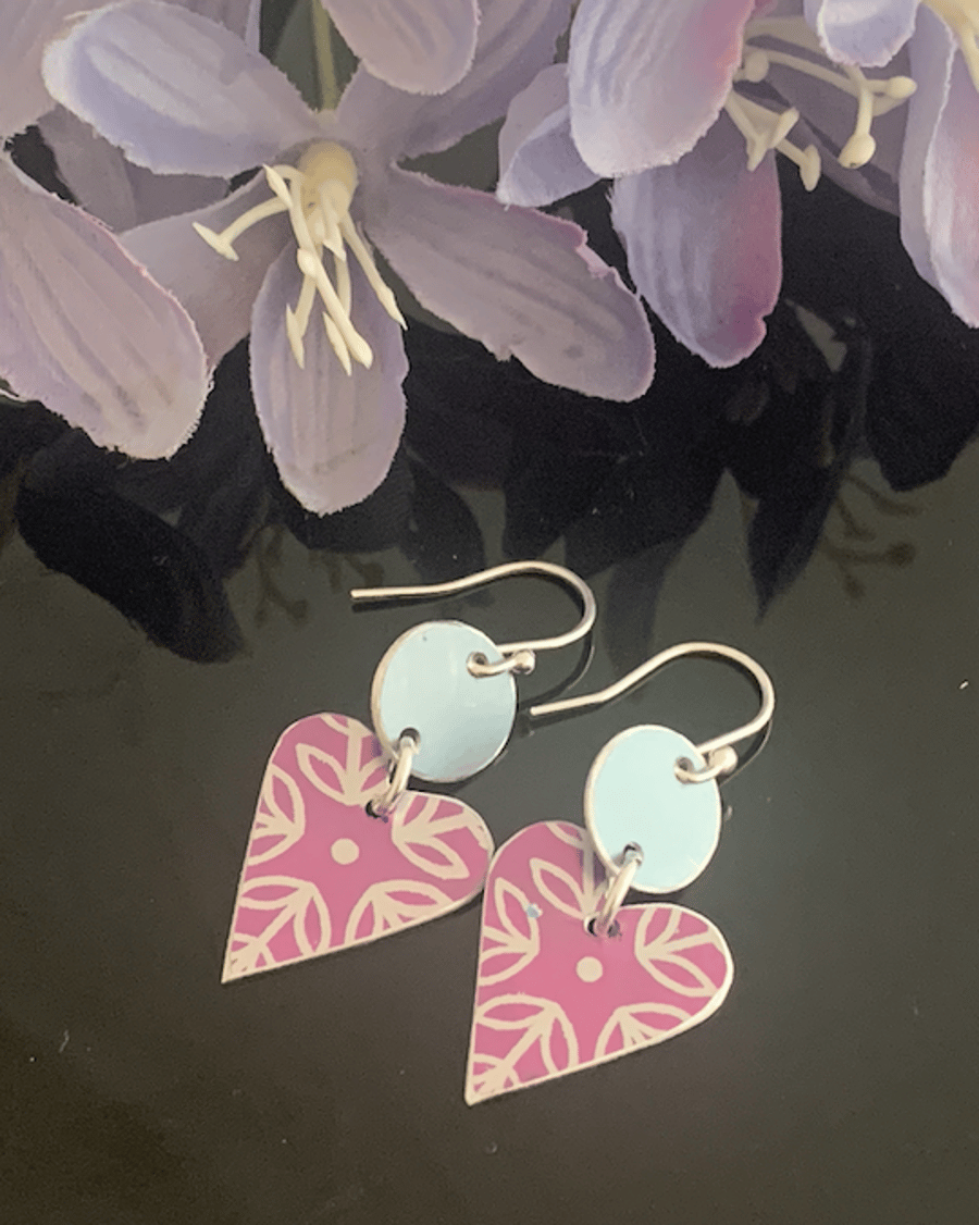 Printed Aluminium and sterling silver heart earrings - Purple and blue grey 