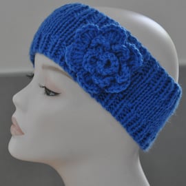 Ladies Hand Knitted Headband Ear Warmer Head Band Crochet Flower Blue