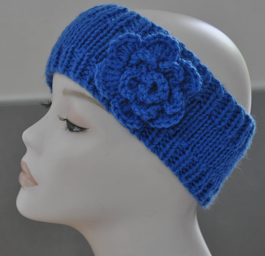 Ladies Hand Knitted Headband Ear Warmer Head Band Crochet Flower Blue