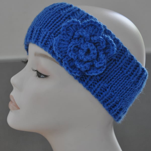 Ladies Hand Knitted Headband Ear Warmer Head Band Crochet Flower Blue