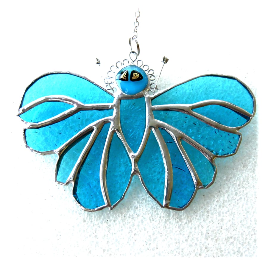 Turquoise Butterfly Suncatcher Stained Glass Handmade 
