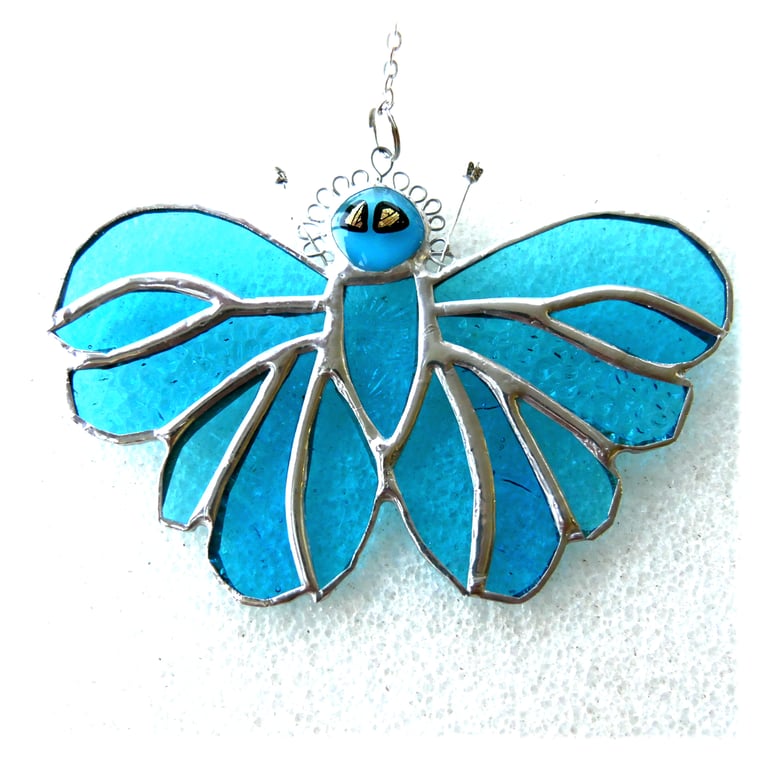 Turquoise Butterfly Suncatcher Stained Glass Handmade 