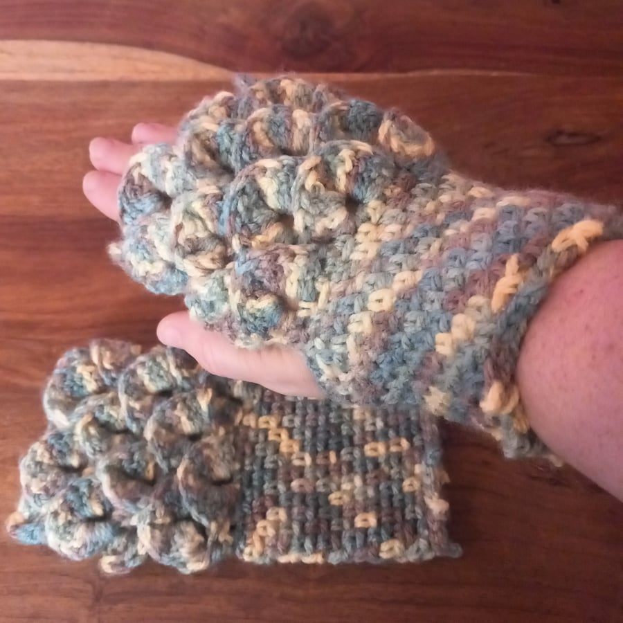 Ethereal Dragon Scale Fingerless Gloves in Yellow, Blue, Green, and Brown
