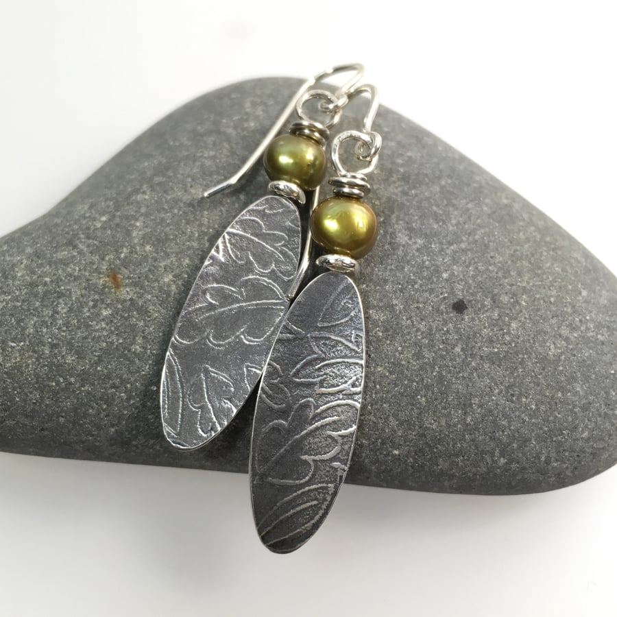Sterling silver and green Pearl leaf earrings