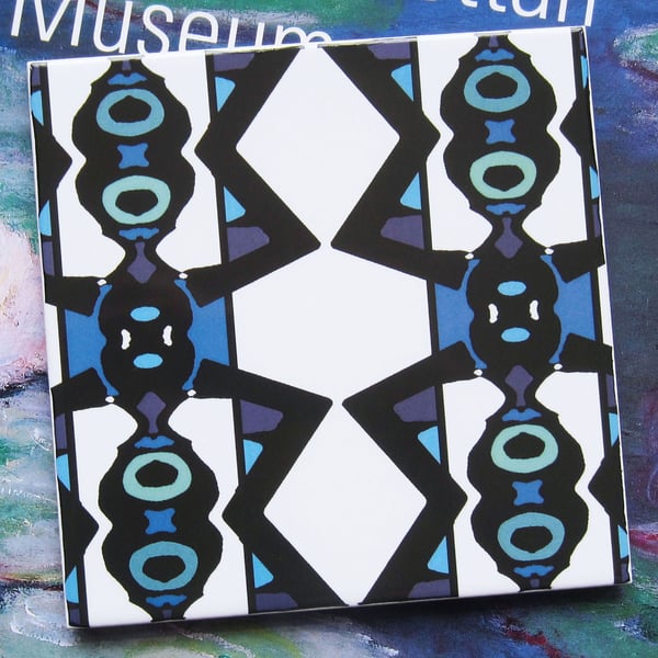 Blue and Black Bold Geometric Pattern Ceramic Tile Trivet with Cork Backing