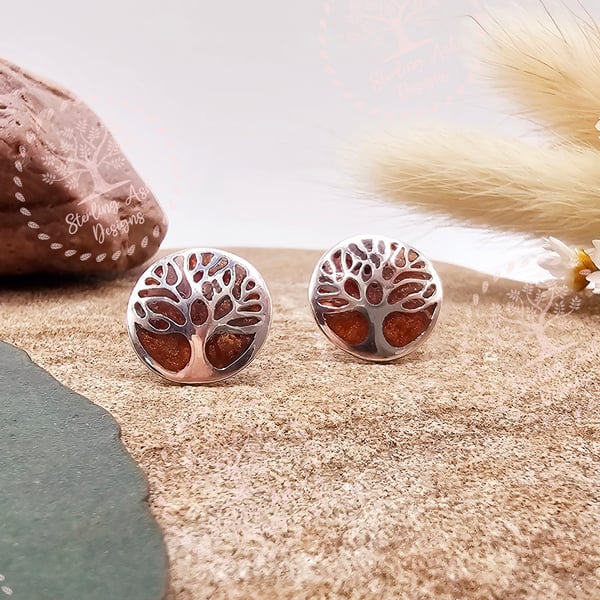 Tree of life sterling silver keepsake stud earrings with ashes, hair or fur.