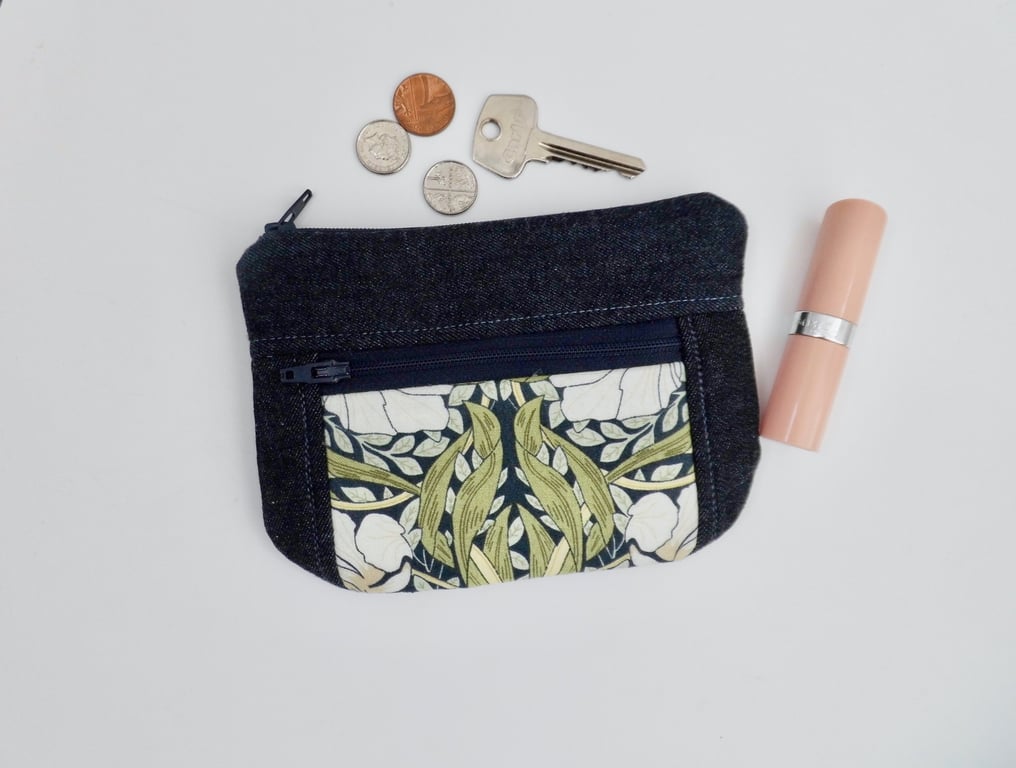 Coin purse with front pocket in dark denim and William Morris print