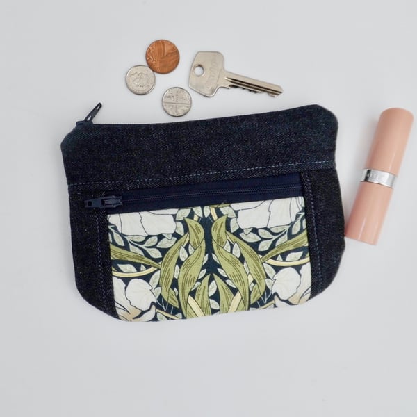 Coin purse with front pocket in dark denim and William Morris print