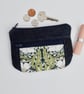 Coin purse with front pocket in dark denim and William Morris print