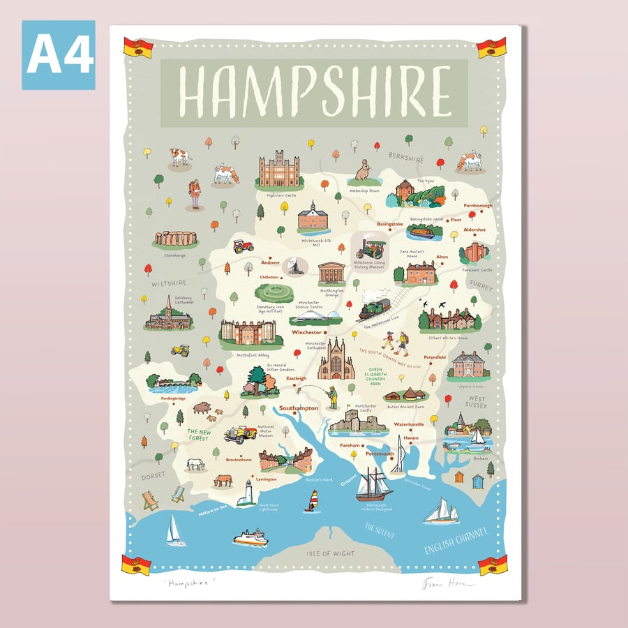 Hampshire illustrated map poster, A4 travel print, New Forest, England