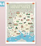 Hampshire illustrated map poster, A4 travel print, New Forest, England