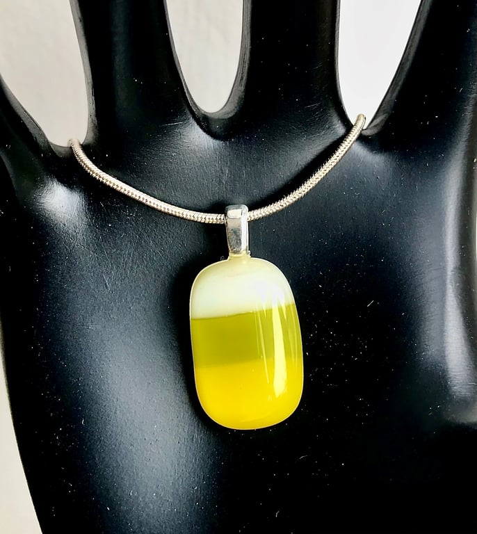 Yellow & Green Striped Small Fused Glass Pendant Necklace 