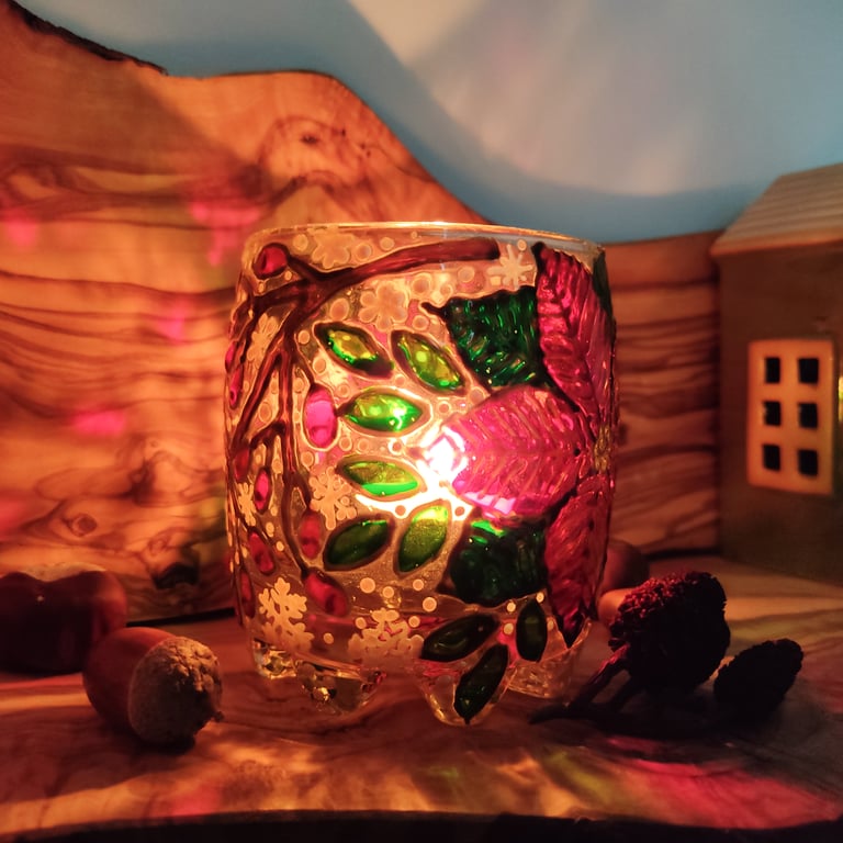 Christmas glass painted candle holder with poinsettia, snowflakes and branches