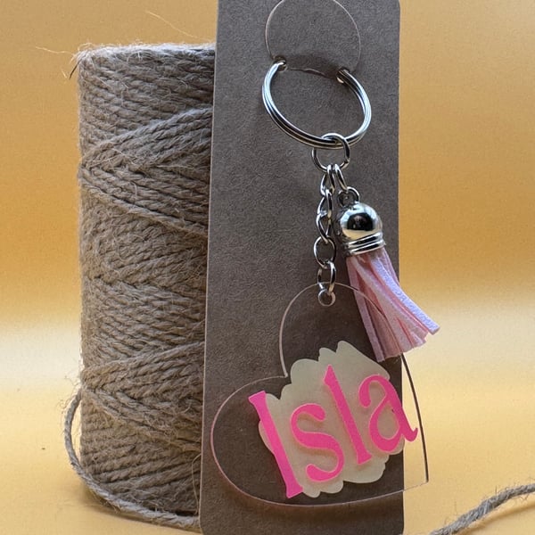 Personalised Name Keychain – Custom Acrylic Heart Keyring with Tassel