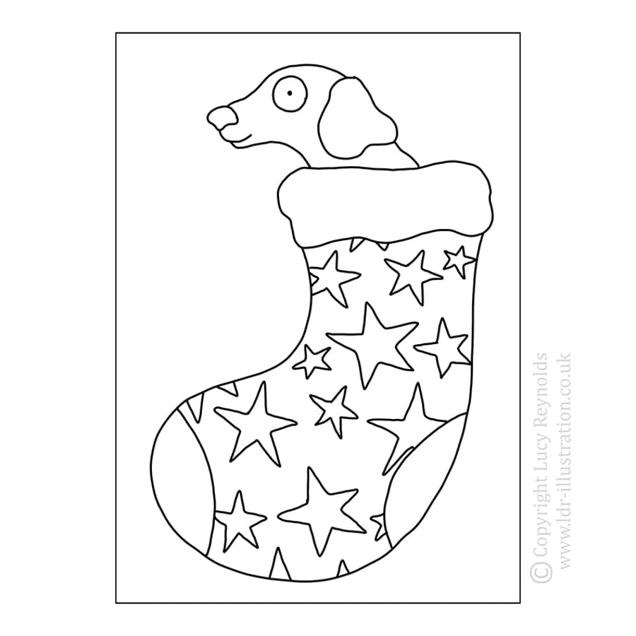 Colour Me In Card - Dog in Stocking