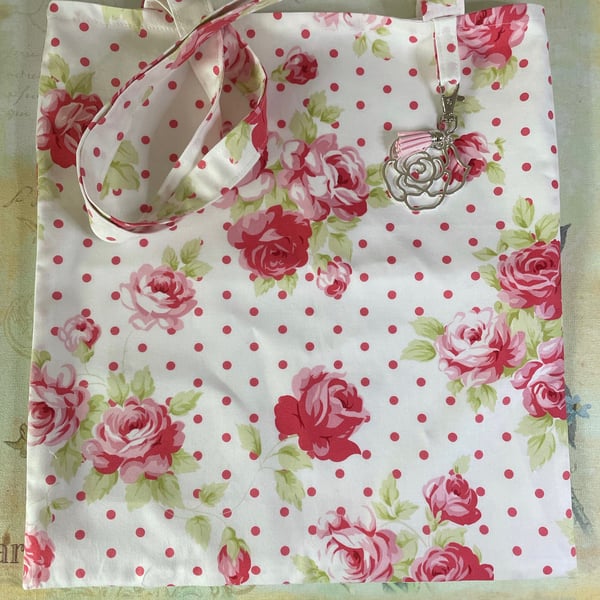 Polka Dots and Roses Tote Bag with Rose Charm PB8