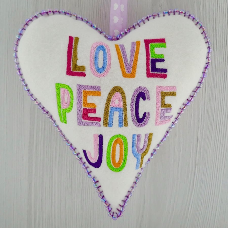 Love Peace Joy: Embroidered Felt Heart Decoration 16cm
