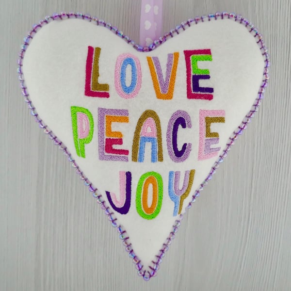 Love Peace Joy: Embroidered Felt Heart Decoration 16cm