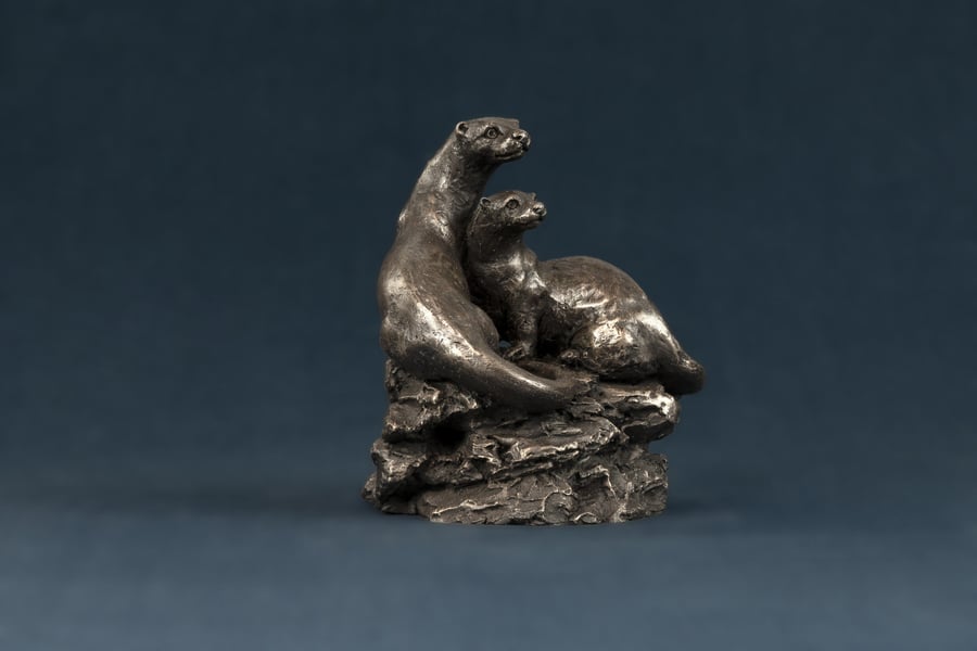 Pair of Otters Animal Statue Small Bronze Resin Sculpture