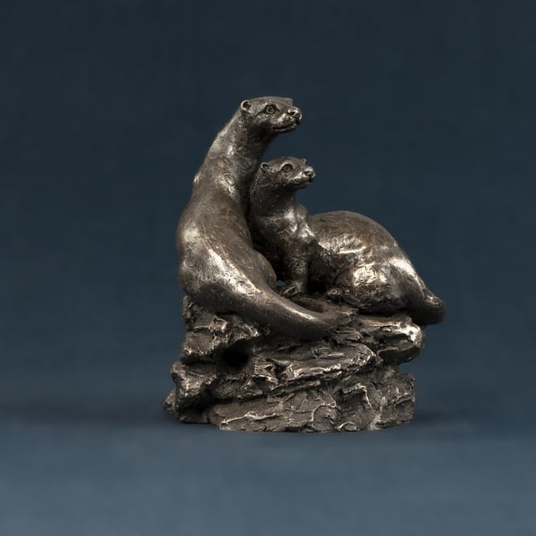 Pair of Otters Animal Statue Small Bronze Resin Sculpture