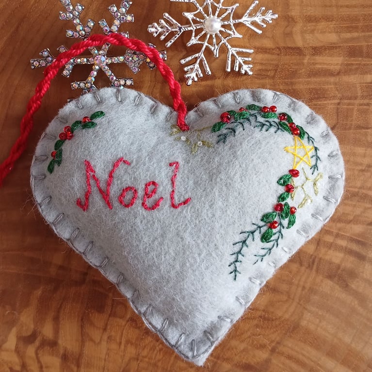 Hand Embroidered Keepsake Christmas Heart - Noel on Silver Grey