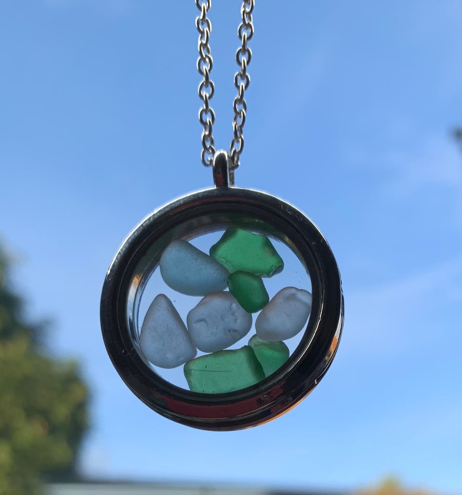 Silver plate memory locket filled with seaglass
