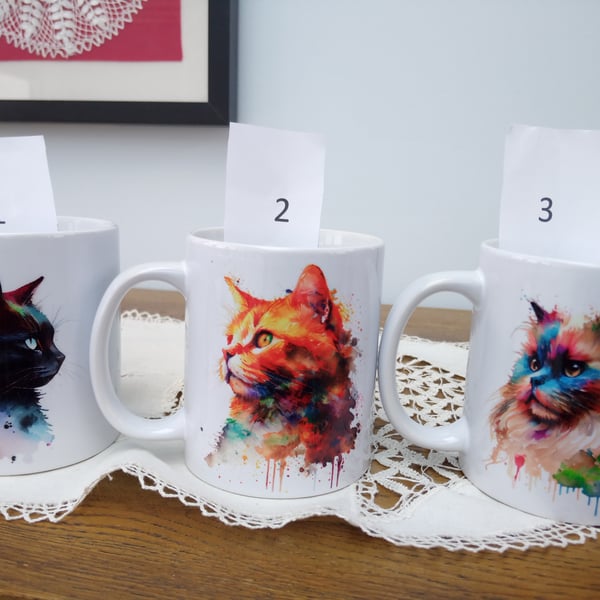 Cat Mugs, with a splash of colour, Great gift idea for Cat Lovers, 