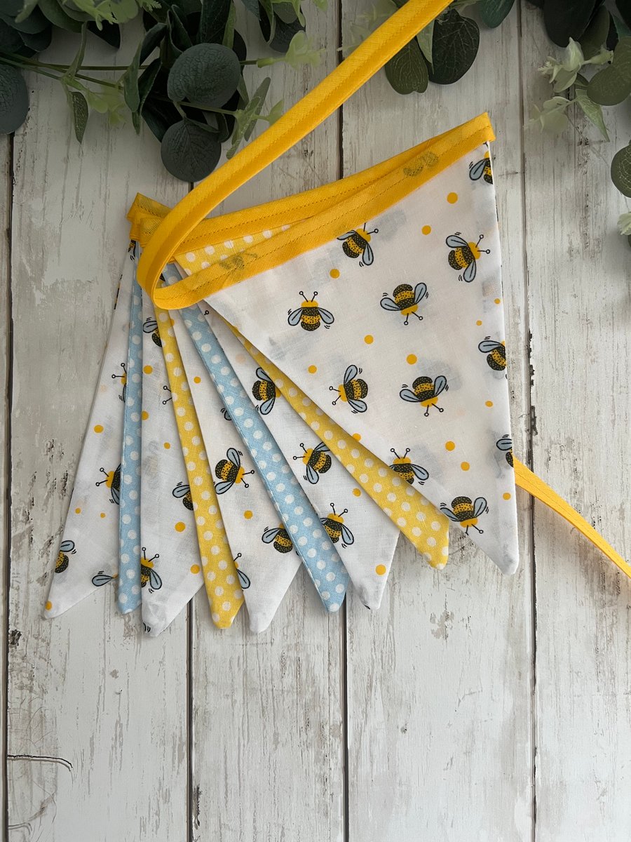 Handmade Fabric Bunting 9 Flags in Bees & Polka Dot Design