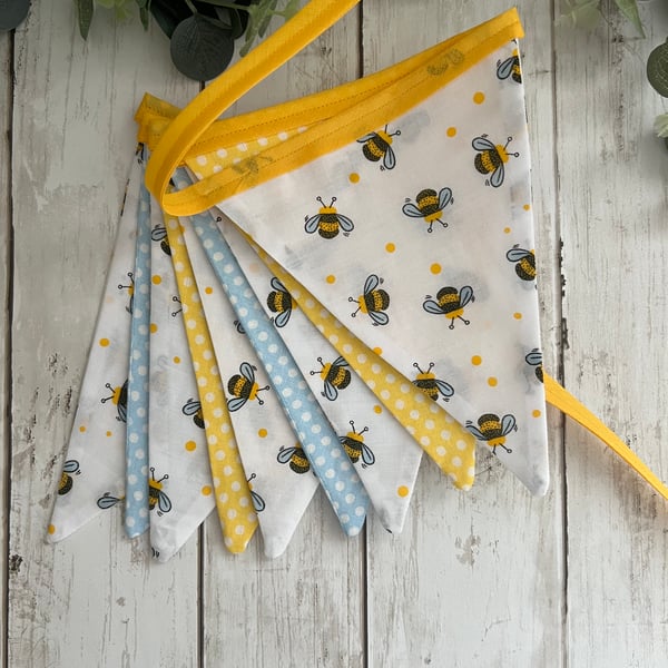 Handmade Fabric Bunting 9 Flags in Bees & Polka Dot Design