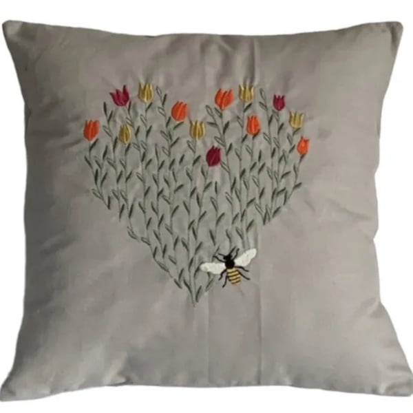 Bee & Heart Embroidered Cushion Cover