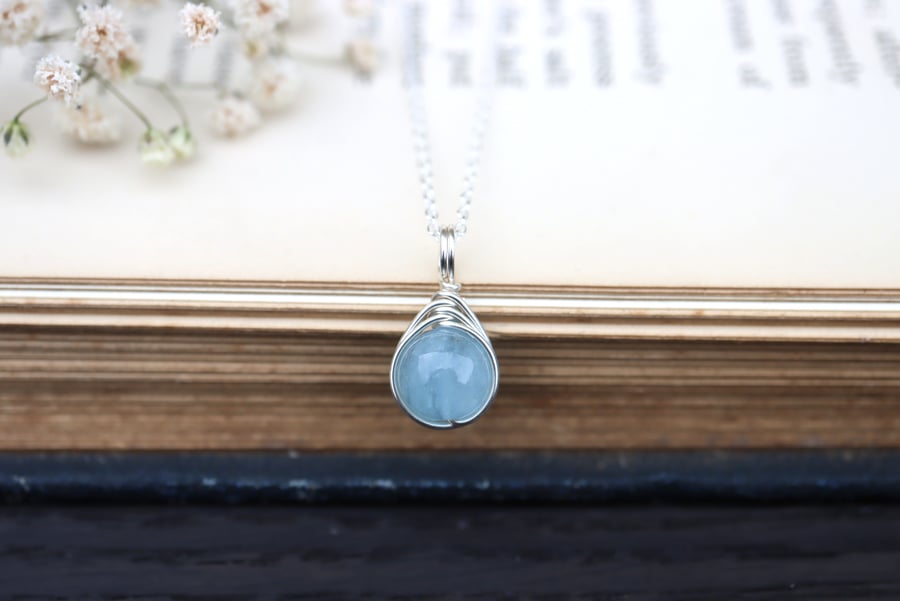 Aquamarine Necklace Wire Wrapped in Sterling Silver