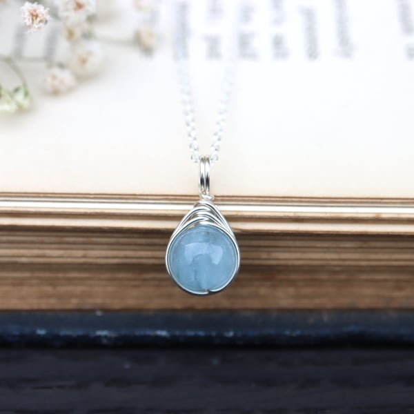 Aquamarine Necklace Wire Wrapped in Sterling Silver