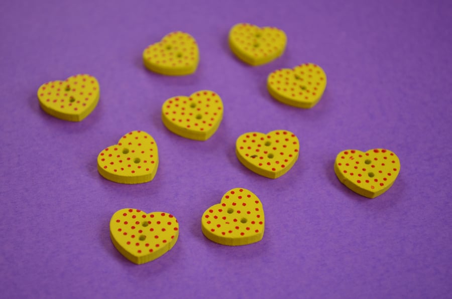 Little Wooden Dotty Heart Buttons Yellow 10pk Spotty Dot Colourful 13x15mm (WH4)