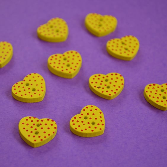 Little Wooden Dotty Heart Buttons Yellow 10pk Spotty Dot Colourful 13x15mm (WH4)