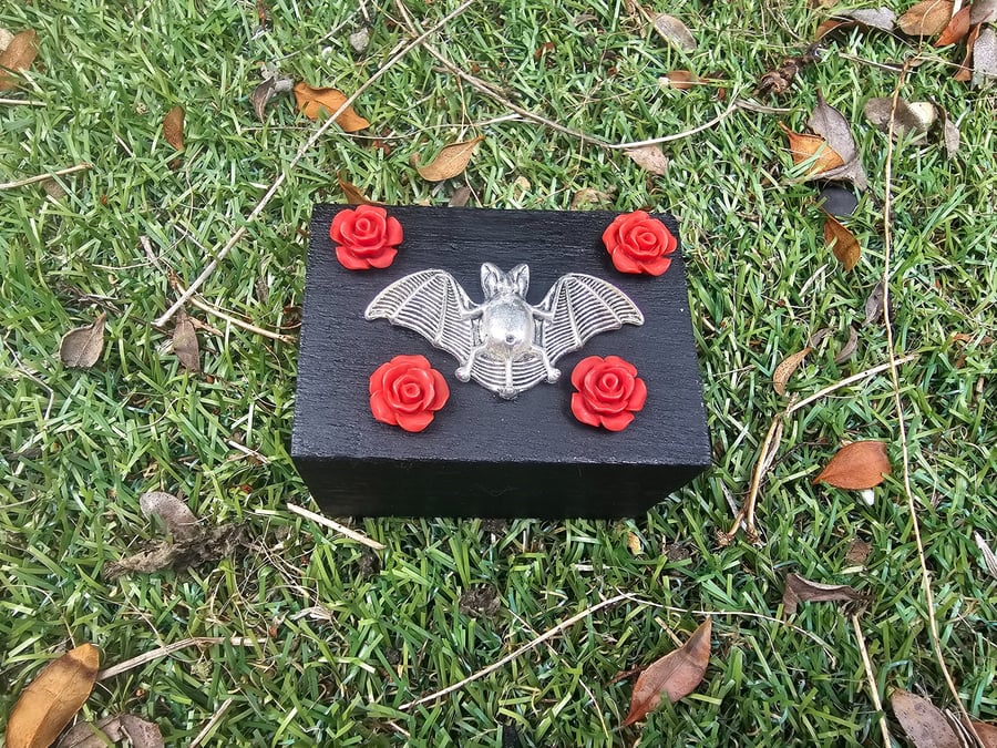 Mini Gothic Vampire Bat Trinket Box – Handmade Wooden Box with Red Roses