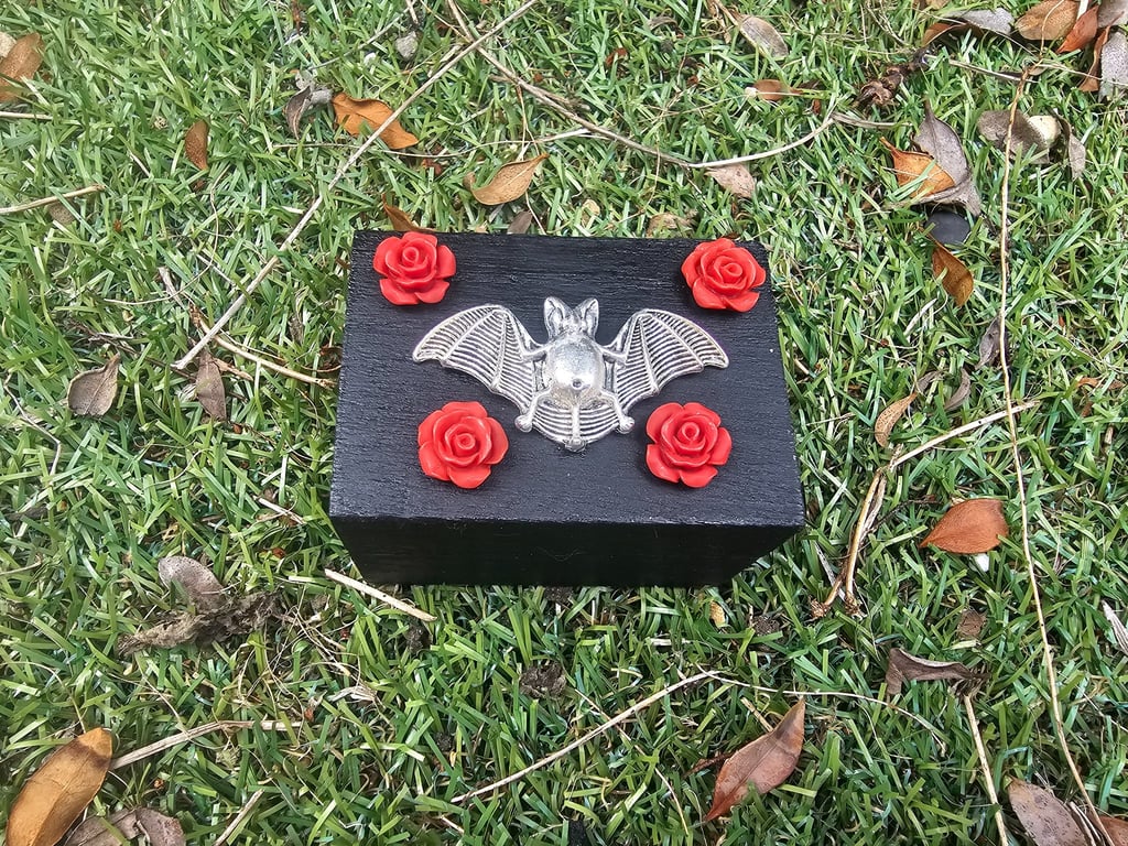 Mini Gothic Vampire Bat Trinket Box – Handmade Wooden Box with Red Roses