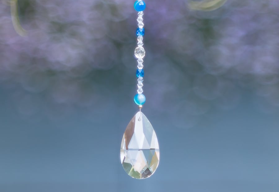 Suncatcher with pear prism and blue and clear beads handmade sparkly unique