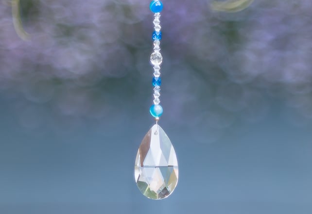 Suncatcher with pear prism and blue and clear beads handmade sparkly unique