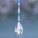 Suncatcher with pear prism and blue and clear beads handmade sparkly unique