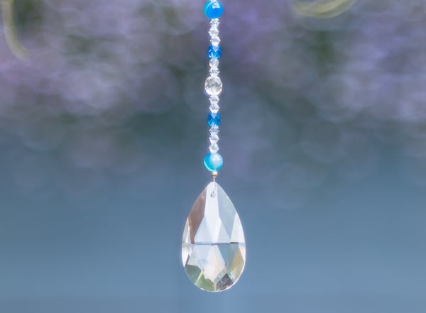 Suncatcher with pear prism and blue and clear beads handmade sparkly unique