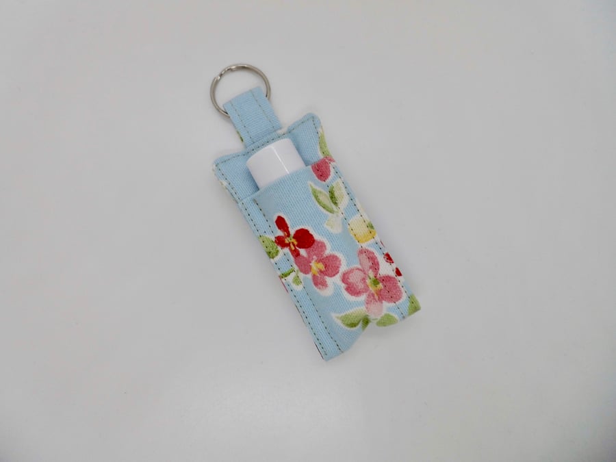 SOLD Key ring lip balm holder in blue floral fabric
