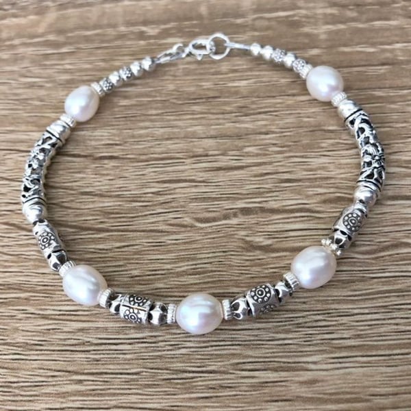 Sterling Silver White Pearl Noodle Bracelet