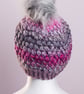 Hat crochet with handmade faux fur detachable pompom grey - Image 10