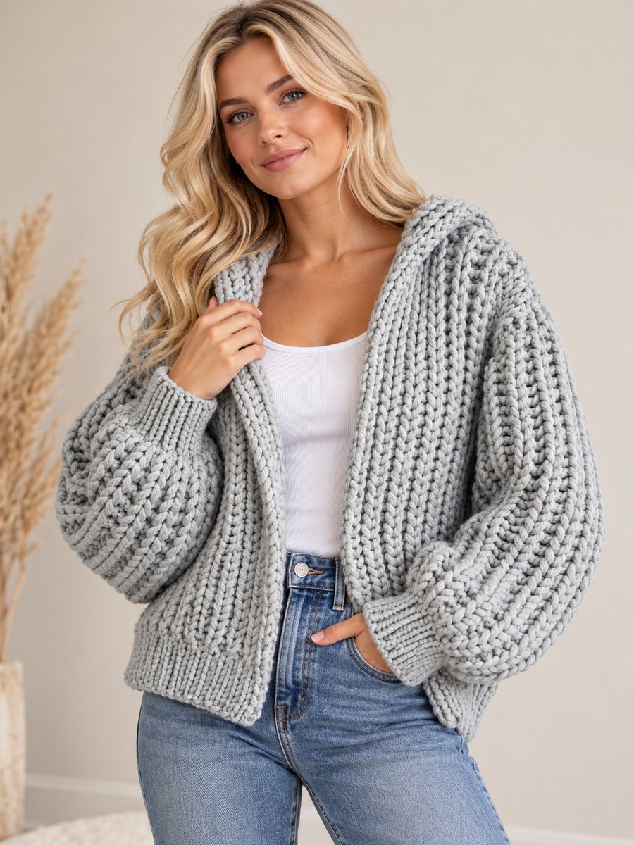 Ladies Super-chunky Hooded Hand-knitted Cardigan in Grey