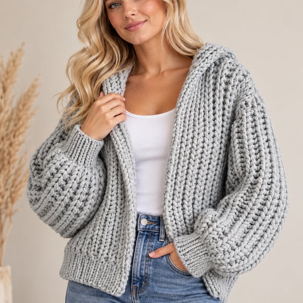 Ladies Super-chunky Hooded Hand-knitted Cardigan in Grey