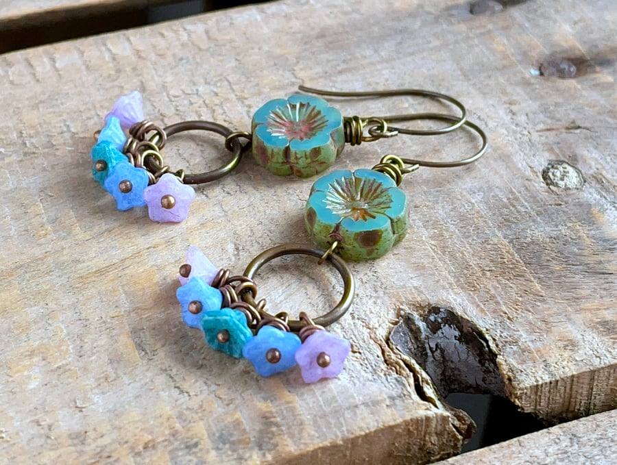 Czech Glass Flower Earrings. Boho Cluster Earrings. Multi Colour Floral Earrings