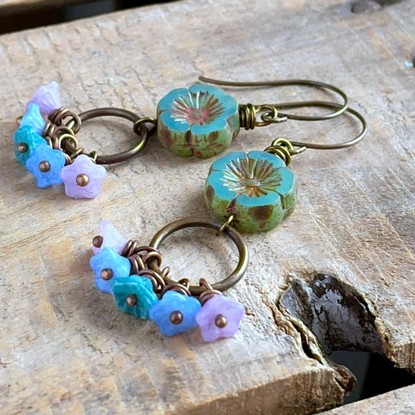 Czech Glass Flower Earrings. Boho Cluster Earrings. Multi Colour Floral Earrings