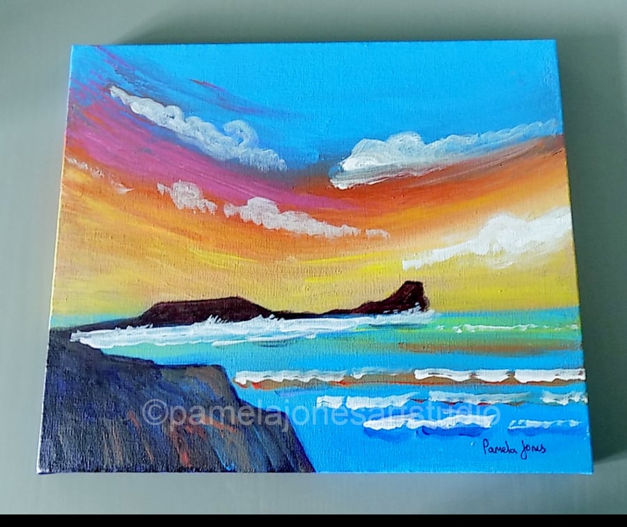 Rhossili Bay, Gower, Original Acrylic Painting on 30 x 25 cm Stretched Canvas