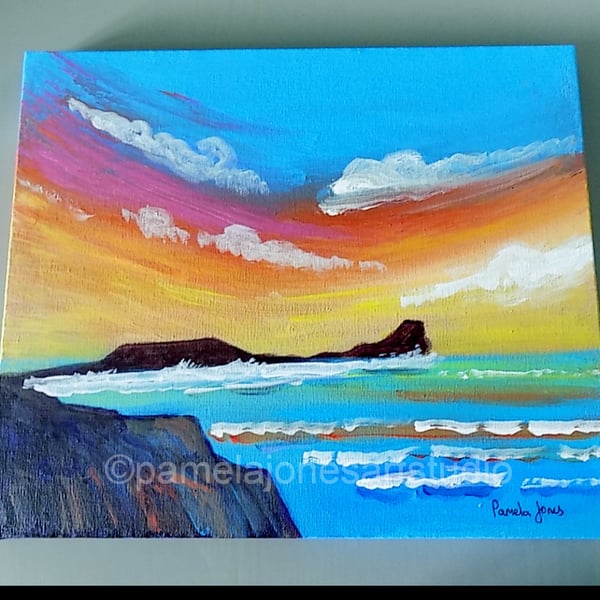 Rhossili Bay, Gower, Original Acrylic Painting on 30 x 23 cm Stretched Canvas