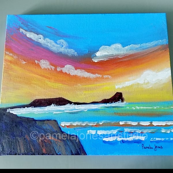 Rhossili Bay, Gower, Original Acrylic Painting on 30 x 25 cm Stretched Canvas